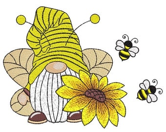 May include: A yellow gnome with a sunflower and two bees. The gnome is wearing a yellow and white striped hat and has a white beard. The sunflower is yellow with a brown center. The bees are black and yellow.