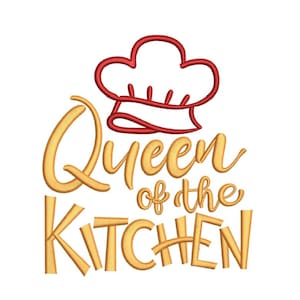 May include: A gold embroidered design with the text "Queen of the Kitchen" and a red chef's hat.