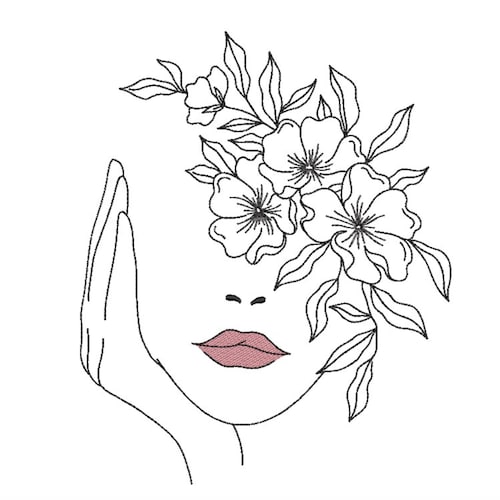 Naked Woman With Flowers Embroidery Design Line Art Etsy