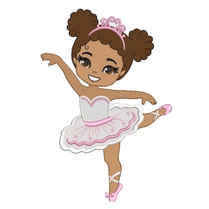 May include: A young girl with brown skin and brown hair is dressed as a ballerina. She is wearing a white tutu with pink accents and a pink crown. She is smiling and has her leg raised in a ballet pose.