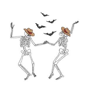 May include: Two skeletons wearing cowboy hats are dancing with bats flying overhead.