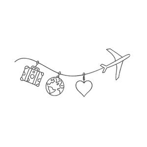 May include: Line art illustration featuring a suitcase, globe, and heart suspended from a curved line, with an airplane at the end. The design is in black and white, suggesting travel and adventure.