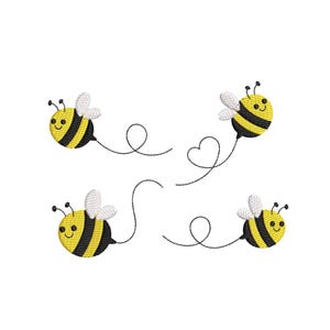May include: Four yellow and black bees with smiling faces flying with black curved lines behind them.