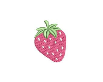 May include: Embroidered strawberry patch with a pink body and green leaves. The strawberry has white seed details and is set against a white background. This patch is suitable for clothing, bags, or other fabric items.