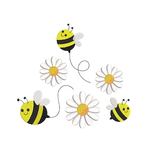 Può includere: Tre api di cartone animato gialle e nere con facce sorridenti che volano intorno a tre margherite bianche con centri gialli.