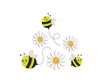 Bees and Daisies Machine Embroidery Design, Animal Embroidery Design, 3 Sizes, Instant Download
