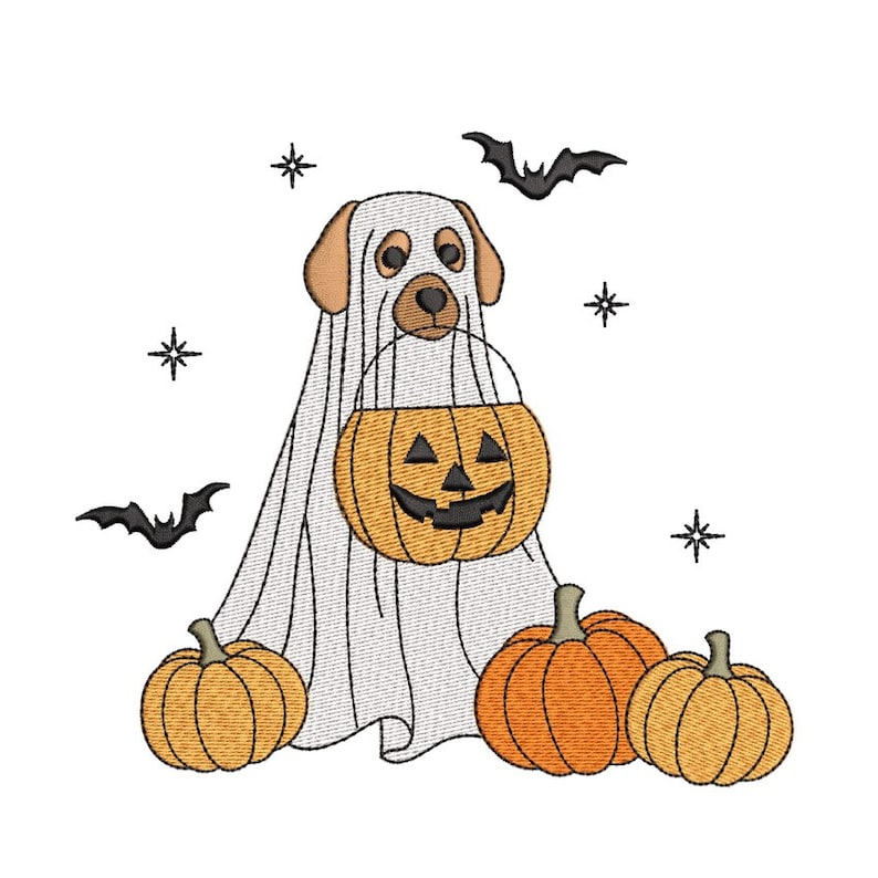 May include: A brown and white dog dressed as a ghost for Halloween, holding a jack-o'-lantern bucket. Three pumpkins are in the foreground.