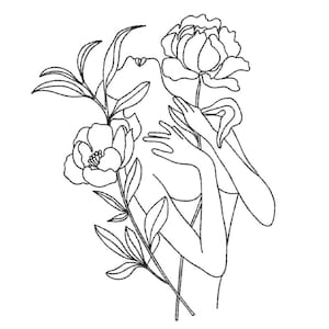 May include: Line art drawing of a person with flowers. The person is holding a flower in their hand and has their head tilted back. The flowers are peonies.