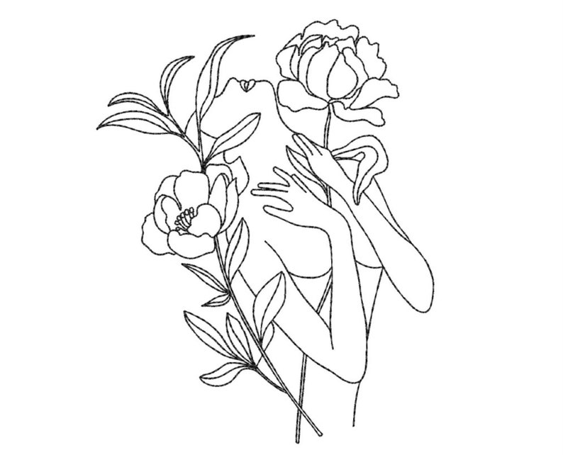 May include: Line art drawing of a person with flowers. The person is holding a flower in their hand and has their head tilted back. The flowers are peonies.