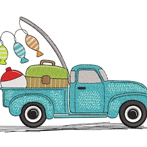 Fishing Truck Embroidery Design, Summer Fishing Embroidery File, Lake Embroidery, 4 sizes, Instant Download