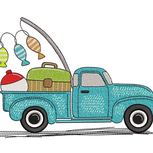 Fishing Truck Embroidery Design, Summer Fishing Embroidery File, Lake Embroidery, 4 sizes, Instant Download