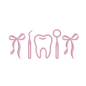 Dental Tooth Pink Bow & Tools Machine Embroidery Design, Dentist Gift Embroidery File, 5 sizes, Instant download