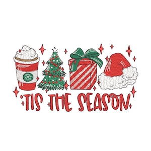 Diseño de bordado Tis The Season, archivo de bordado Feliz Navidad, 3 tamaños, Descarga instantánea