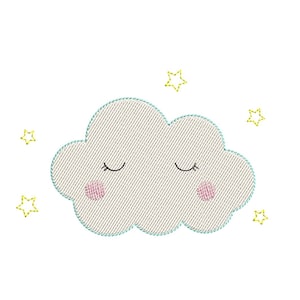 Può includere: Una nuvola bianca con gli occhi chiusi e le guance rosa, circondata da stelle gialle. Questo è un design carino e fantasioso per una cameretta o una camera da letto per bambini.