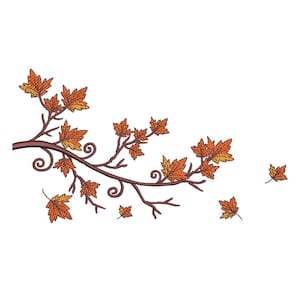 May include: A brown branch with orange and yellow leaves. The leaves are falling off the branch. The branch is on a white background.