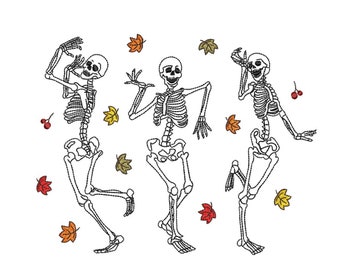Diseño de bordado de esqueletos bailando, diseño de bordado de esqueleto de Halloween, 4 tamaños