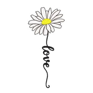 May include: A white daisy with a yellow center and a black stem with the word "love" written on it.