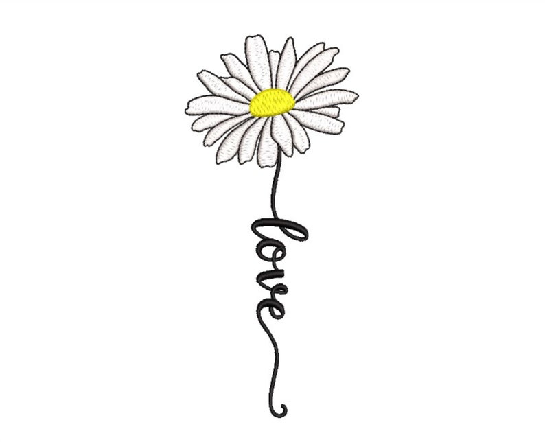 May include: A white daisy with a yellow center and a black stem with the word "love" written on it.