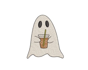 Little Ghost with Ice Coffee Embroidery Design, Halloween Ghost Machine Embroidery Design, 4 sizes