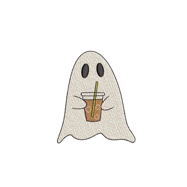 Little Ghost with Ice Coffee Embroidery Design, Halloween Ghost Machine Embroidery Design, 4 sizes