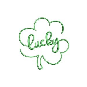 Pode incluir: Um contorno de trevo verde com a palavra "lucky" escrita em itálico dentro.