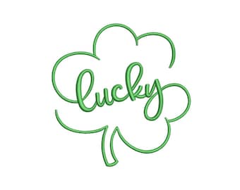 May include: A green shamrock outline with the word "lucky" written in a cursive font inside.