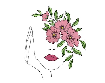 Lady with flowers embroidery design, line art embroidery file