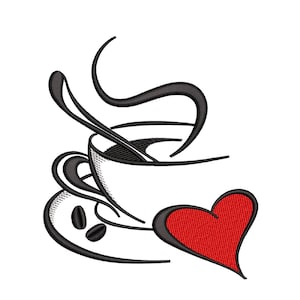 May include: A black and white illustration of a coffee cup with steam rising from it, a saucer, and two coffee beans. A red heart is to the right of the cup.