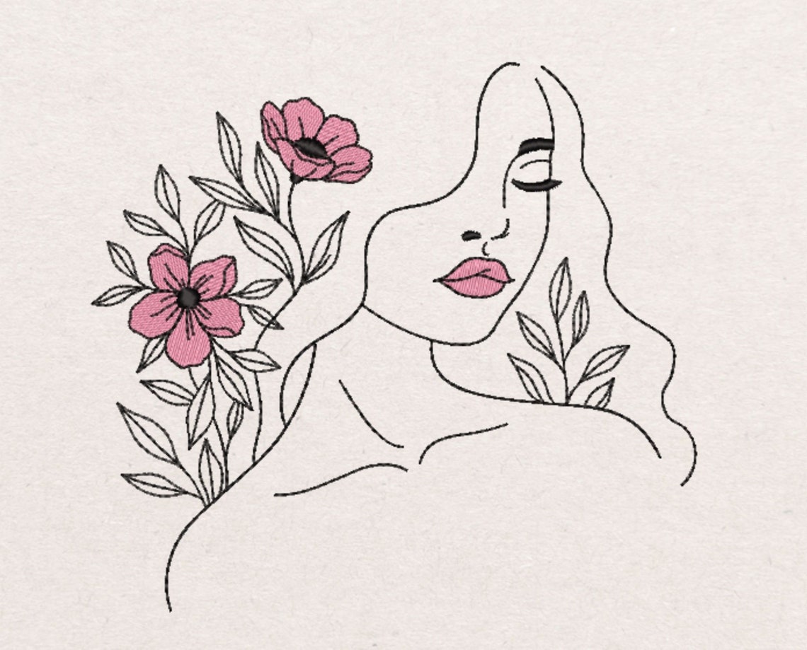 Frauen Gesicht mit Blumen Stickerei Design Linie Kunst | Etsy