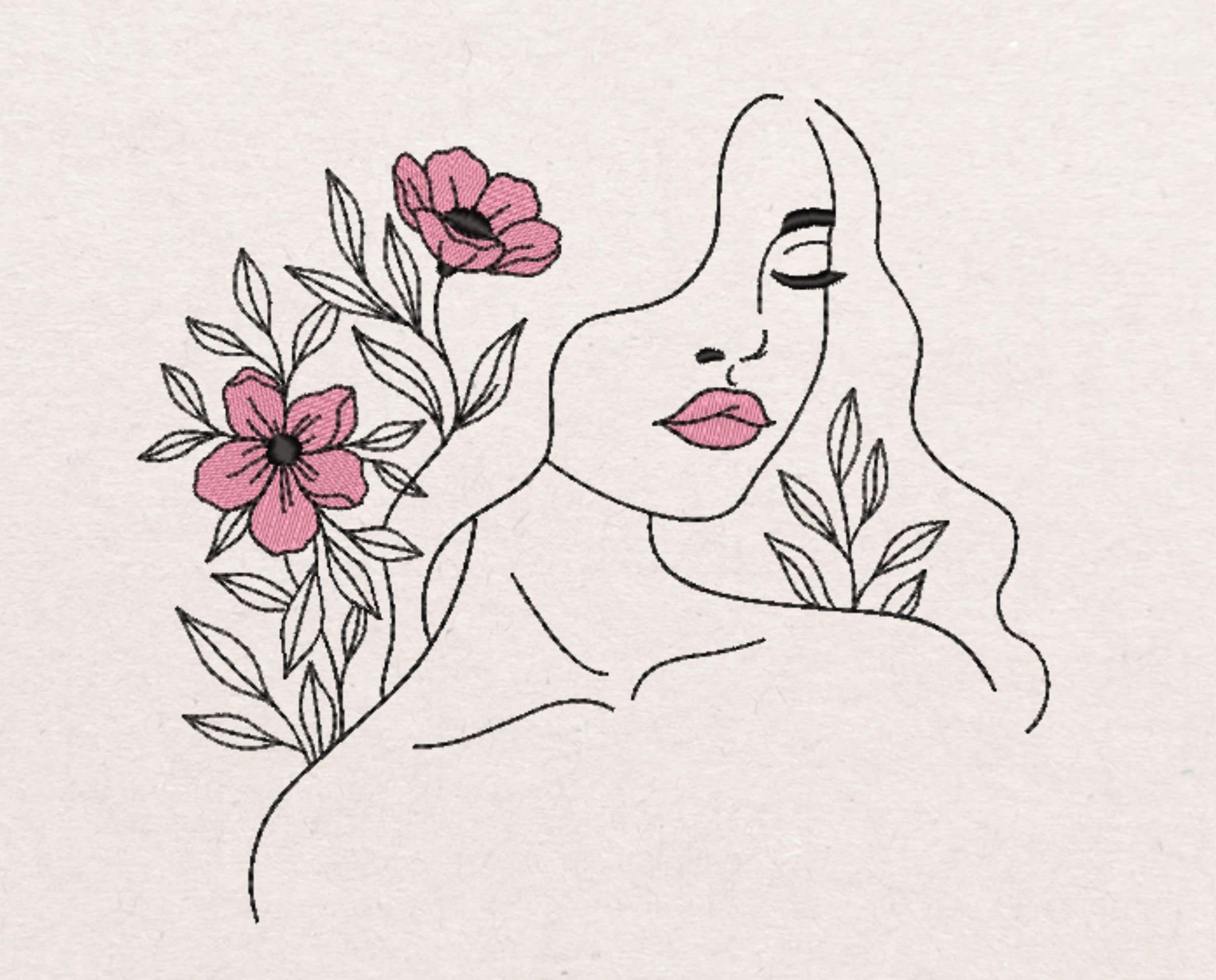 Frauen Gesicht mit Blumen Stickerei Design Linie Kunst | Etsy