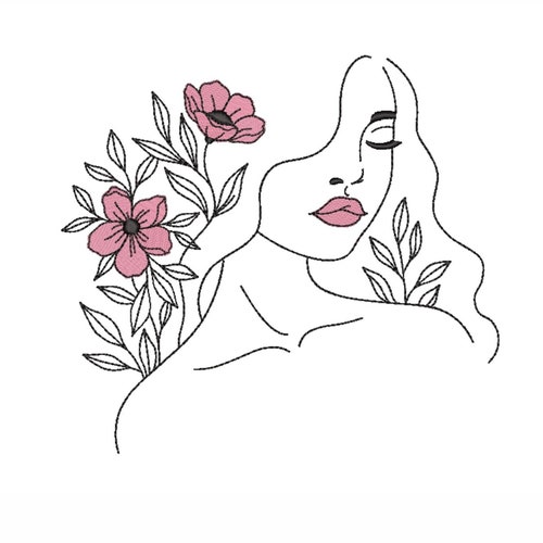 Lady With Flowers Embroidery Design Line Art Embroidery File - Etsy