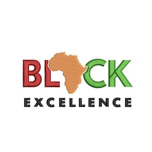 Könnte beinhalten: Ein Logo mit dem Wort "BLACK" in roten, grünen und orangen Buchstaben. Das "L" wird durch eine orangefarbene Umrandung des afrikanischen Kontinents ersetzt. Das Wort "EXCELLENCE" steht in Schwarz unter dem Wort "BLACK".