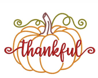 May include: An orange pumpkin with a red "thankful" inscription inside. The pumpkin has a green stem with curly vines.