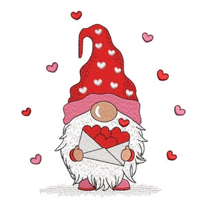 May include: A red and white gnome with a pink hat holds a white envelope filled with red hearts.  The gnome is surrounded by small red hearts.