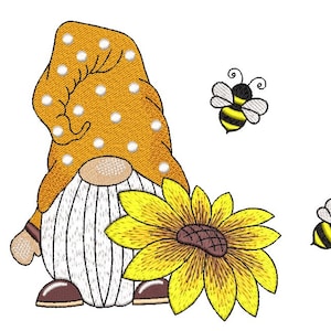 Bee Gnome Embroidery Design, 4 sizes, Instant Download