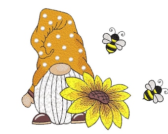 May include: A gnome with a brown and white polka dot hat, a white beard, and brown shoes stands next to a yellow sunflower. Two yellow and black bees are flying nearby.