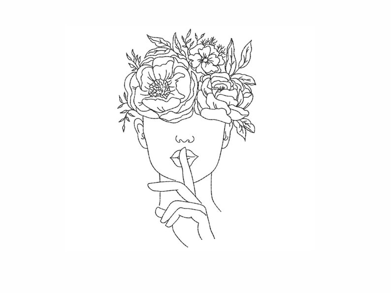 Broderidesign för dam med blommor, broderifil med linjekonst bild 1