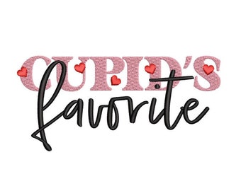 May include: Pink and white text that reads "Cupid's Favorite" with small red hearts scattered around the text.