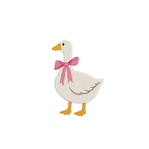 May include: An embroidered design of a white goose with a pink bow around its neck. The goose has yellow feet and a yellow beak. The design is on a white background.