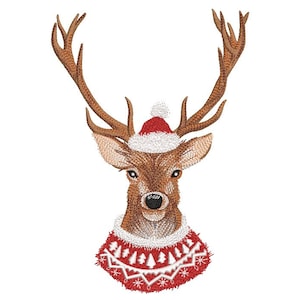 May include: A brown reindeer with large antlers wearing a red and white Santa hat and a red and white sweater with a snowflake pattern.