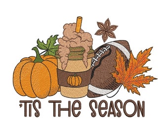 Tis the Season Embroidery Design, Pumpkin Spice Football Pumpkin Machine Embroidery Design, 2 sizes