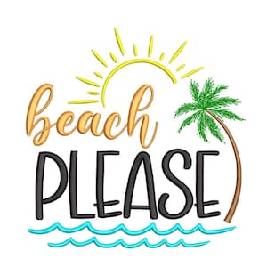 Puede incluir: Un diseño de bordado en negro y naranja con el texto "beach please" y una palmera con un sol amarillo detrás. El diseño está sobre un fondo blanco.