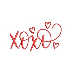 May include: Red cursive lettering that says "XOXO" with small red hearts scattered around the letters.