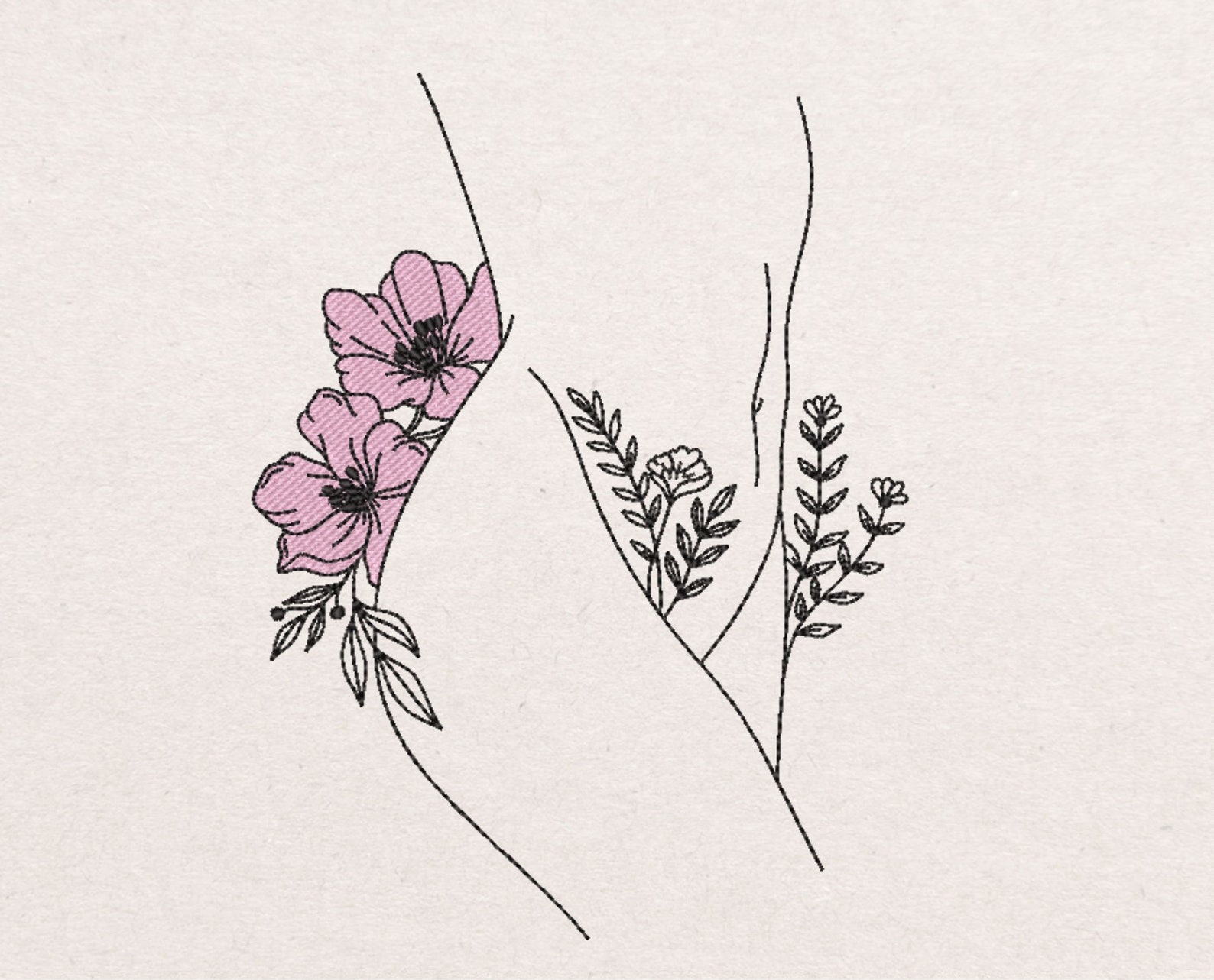 Naked Woman With Flowers Embroidery Design Line Art Etsy