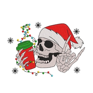 May include: A cartoon skull wearing a Santa hat and holding a red coffee cup. The skull is giving the 'rock on' hand gesture. Colorful Christmas lights are strung around the skull.