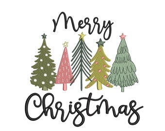 May include: A Christmas greeting with the text "Merry Christmas" in black cursive lettering. Five stylized Christmas trees are arranged in a row below the text. The trees are green, pink, and yellow with white and gold accents.