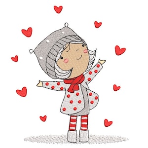 Cute Girl with Hearts Embroidery Design, 3 sizes, Instant Download
