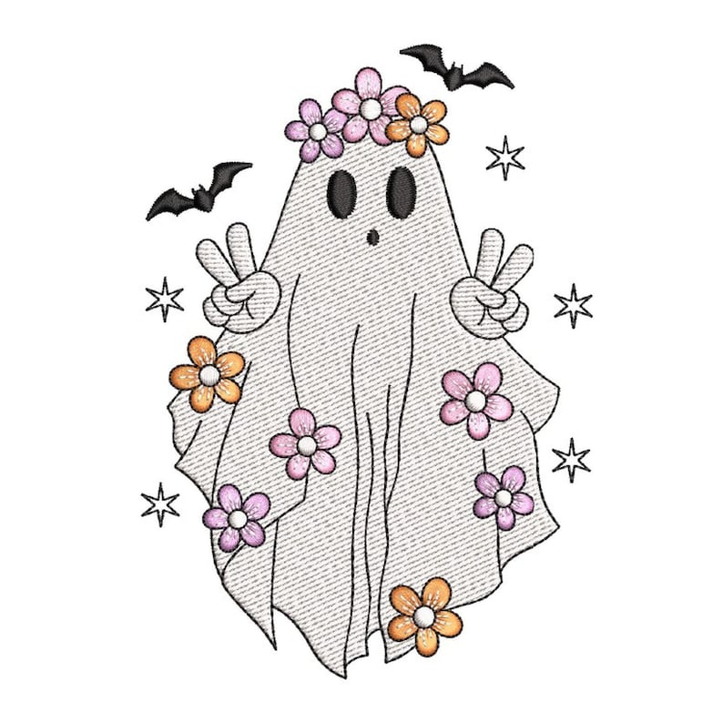 May include: A white ghost with a pink and orange flower crown, peace signs, and flowers around its body. The ghost is surrounded by stars and bats.