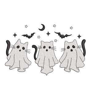 May include: Three black cat ghosts with white sheets and black eyes, flying in front of a crescent moon and stars.