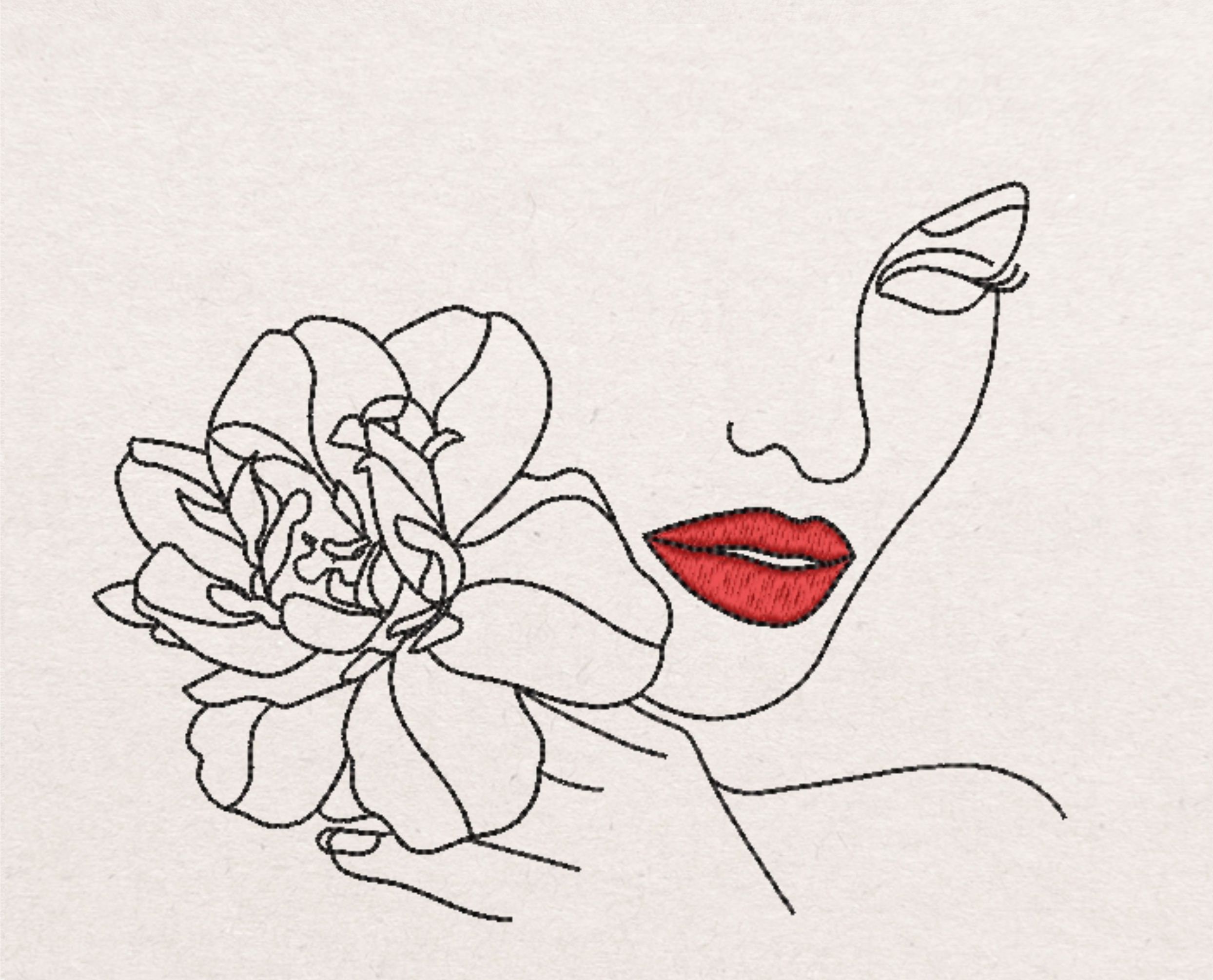 Woman with flower embroidery design line art embroidery file  etsy